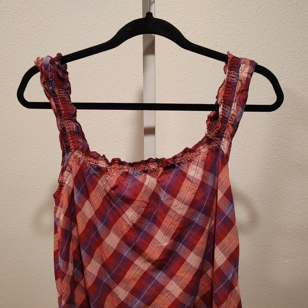 Y2K Vintage OP Junior's Plaid Tank Top Large Purple Pink Ruffle Straps Cotton - Picture 3 of 10